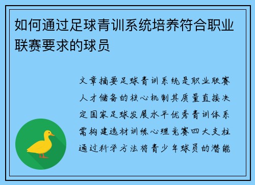 如何通过足球青训系统培养符合职业联赛要求的球员